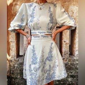 Blue & Ivory Floral Print Cutout Tie Back Lantern Sleeve Dress